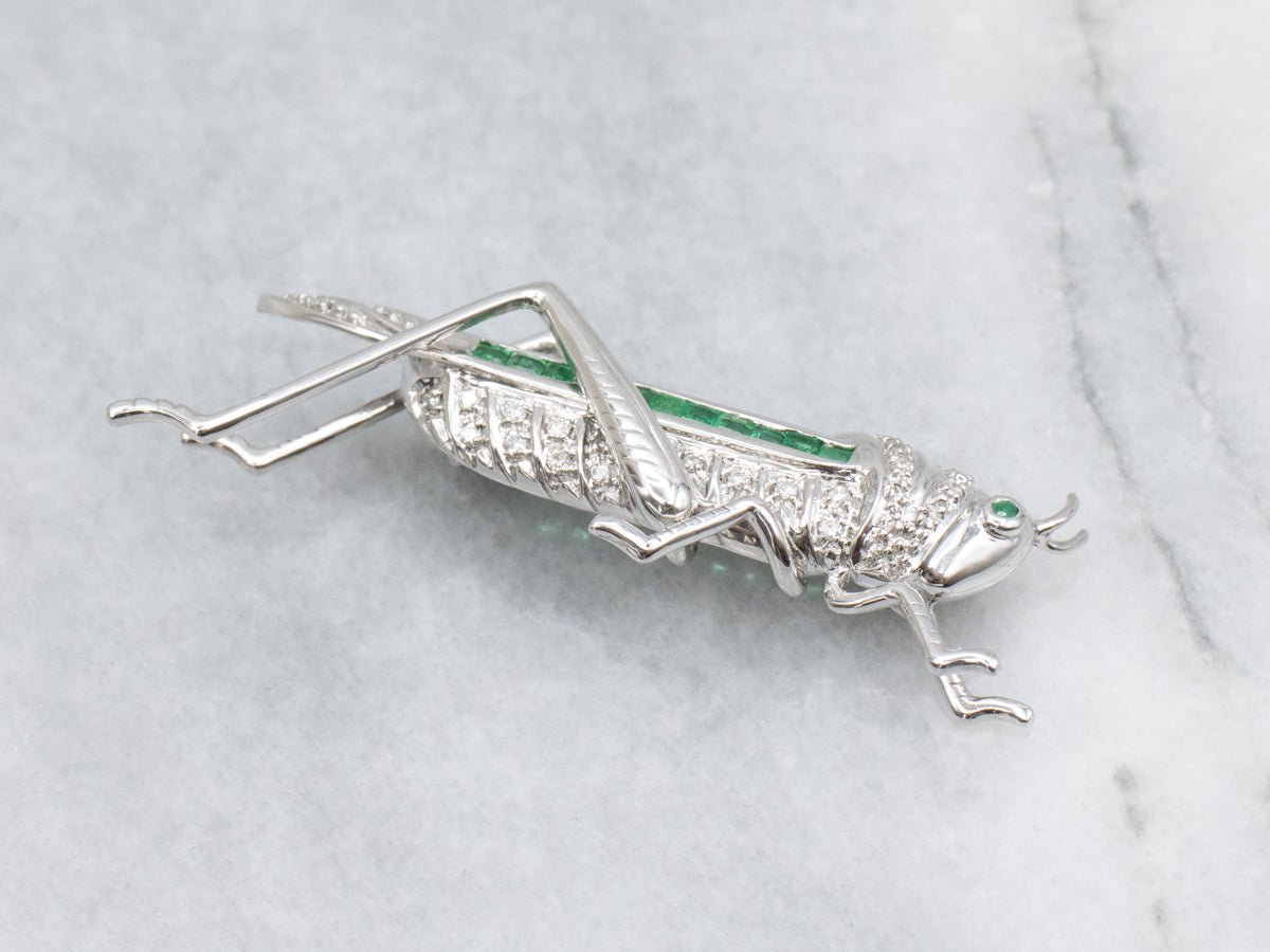 Stunning Emerald and Diamond White Gold Grasshopper Brooch