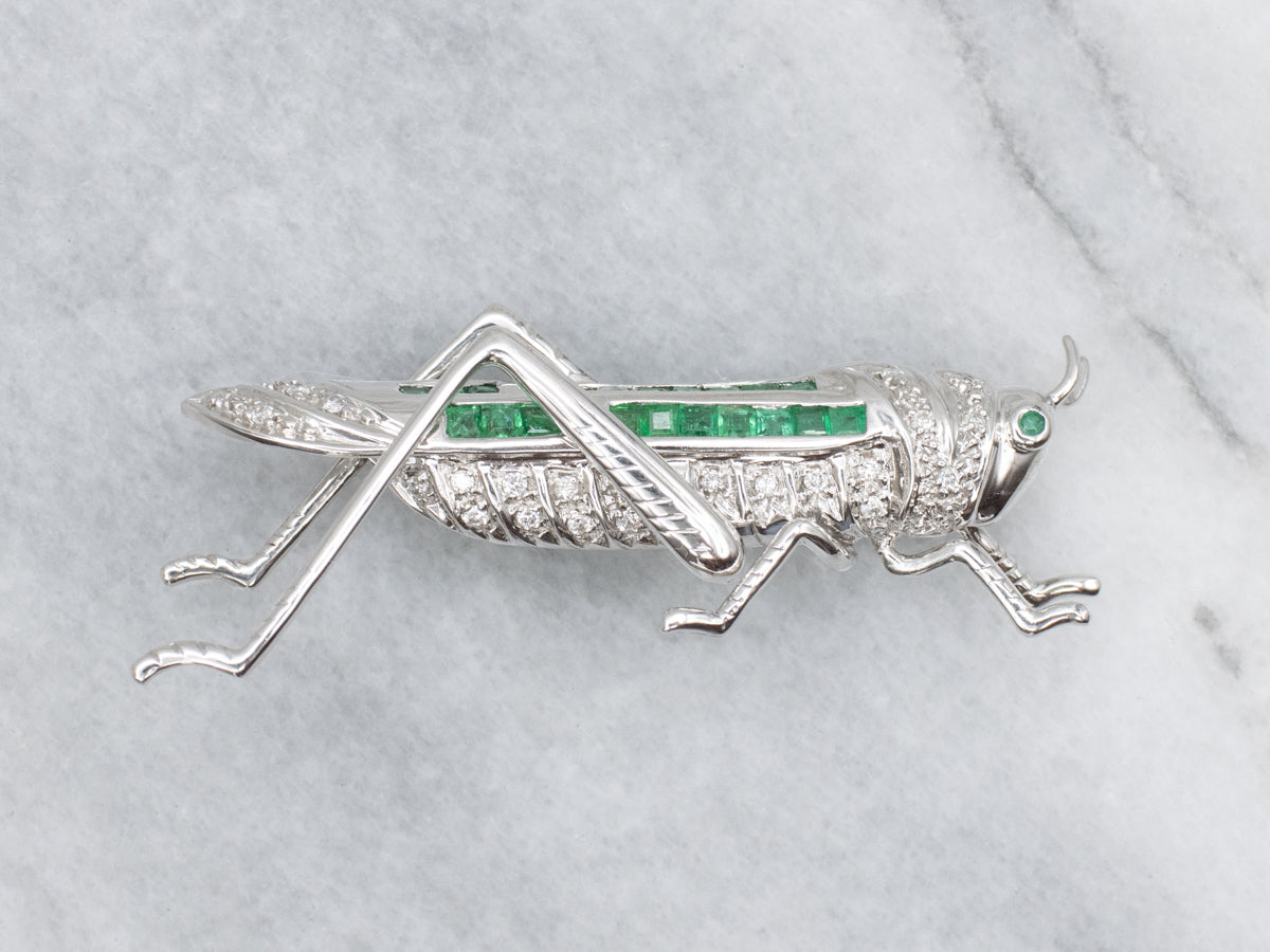 Stunning Emerald and Diamond White Gold Grasshopper Brooch