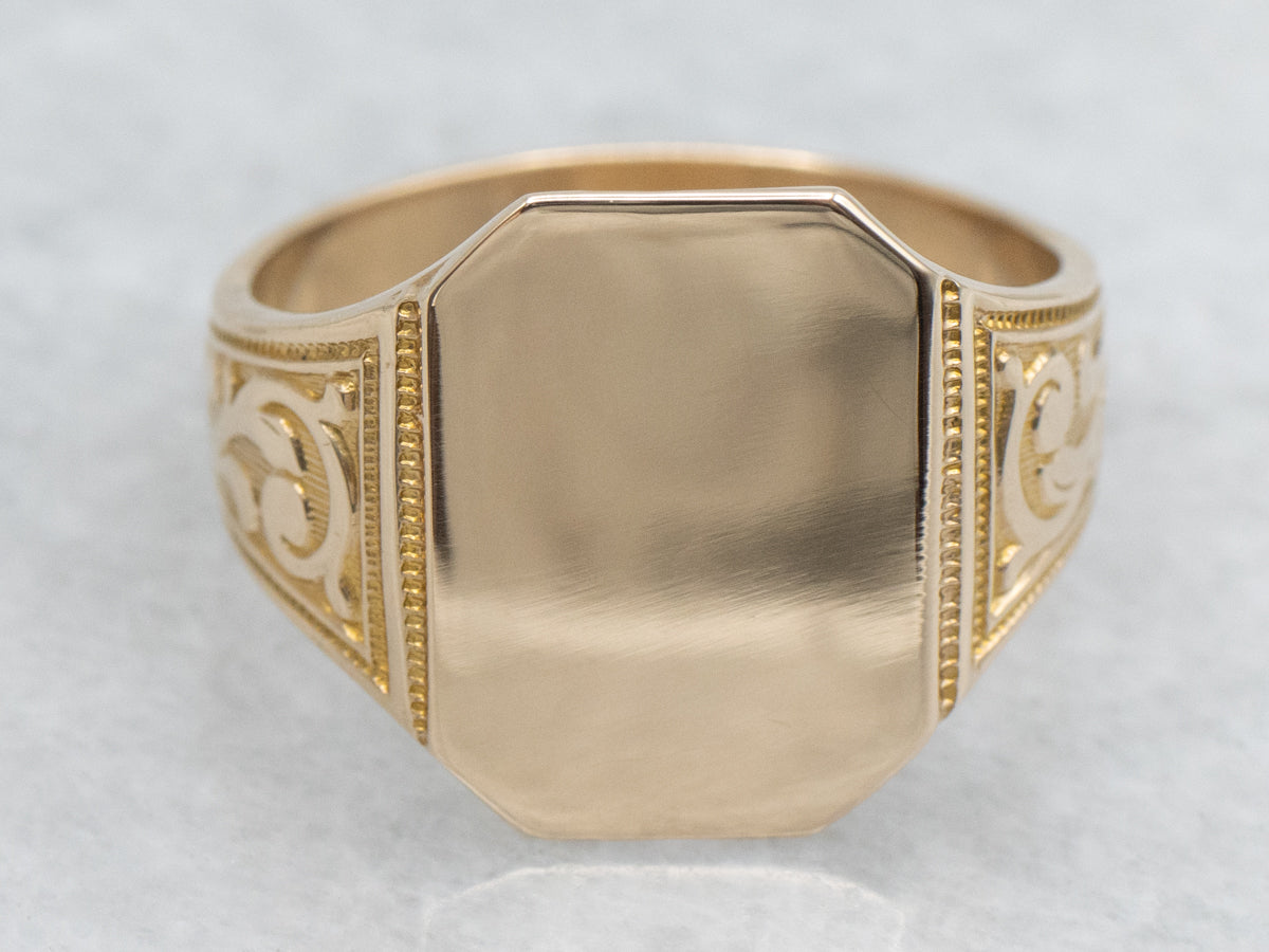 Vintage Rectangular-Top Signet Ring with Ornately Engraved Shoulders