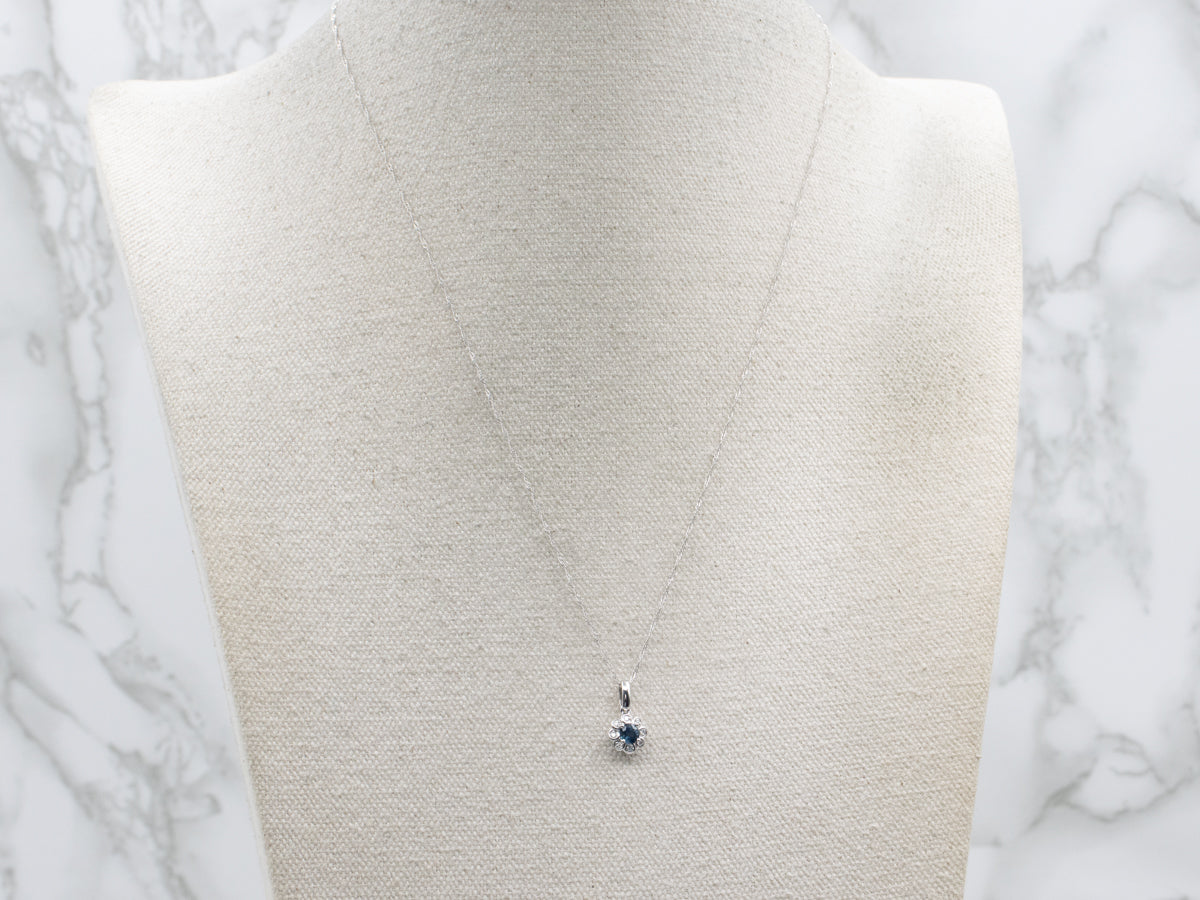 Modern Sapphire and Diamond Halo Floral Pendant Necklace
