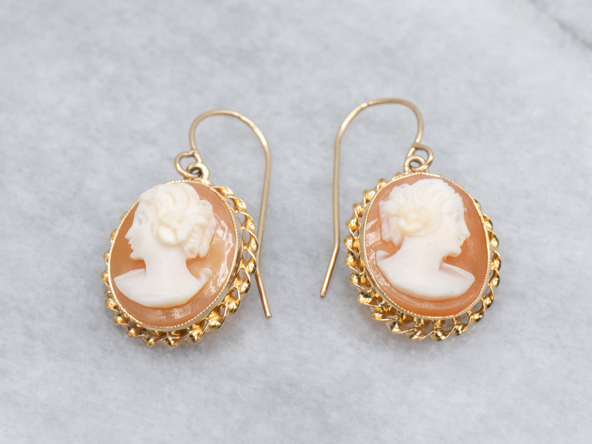 Vintage Gold Twist Cameo Drop Earrings