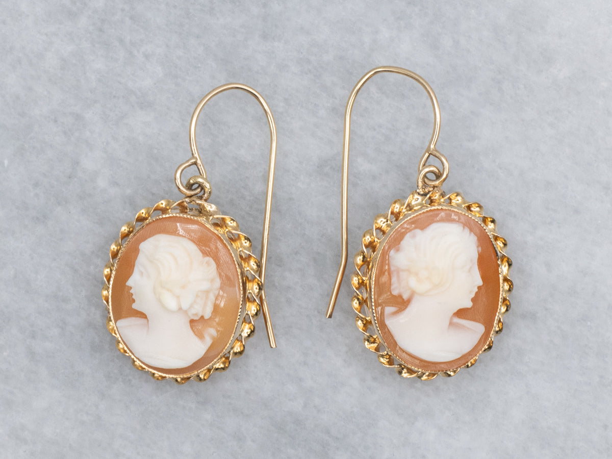 Vintage Gold Twist Cameo Drop Earrings