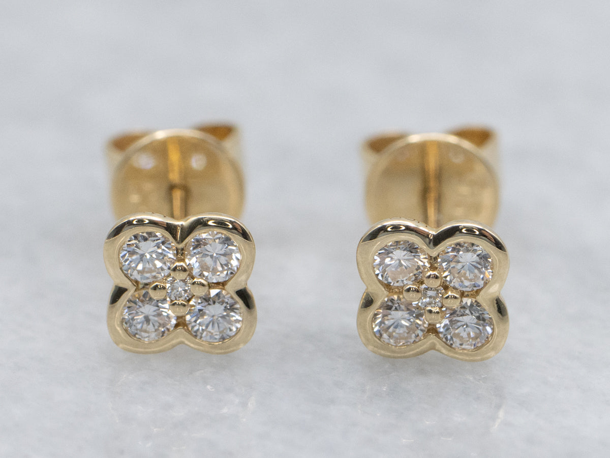 Diamond Cluster Yellow Gold Floral Stud Earrings