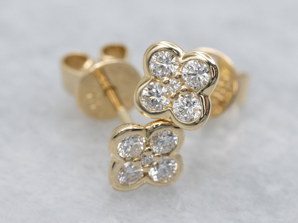 Diamond Cluster Yellow Gold Floral Stud Earrings
