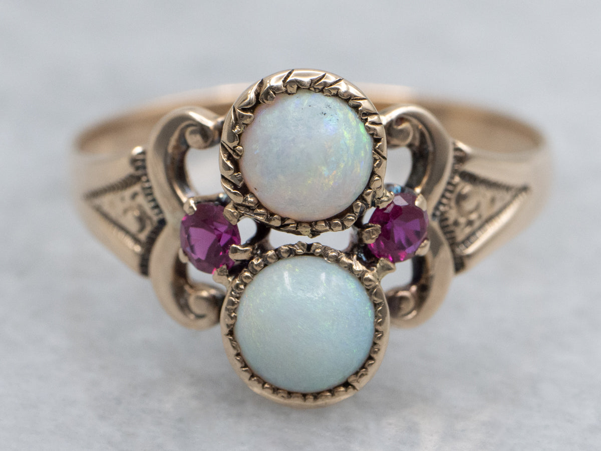 Double Opal and Synthetic Ruby Antique Gold Ring