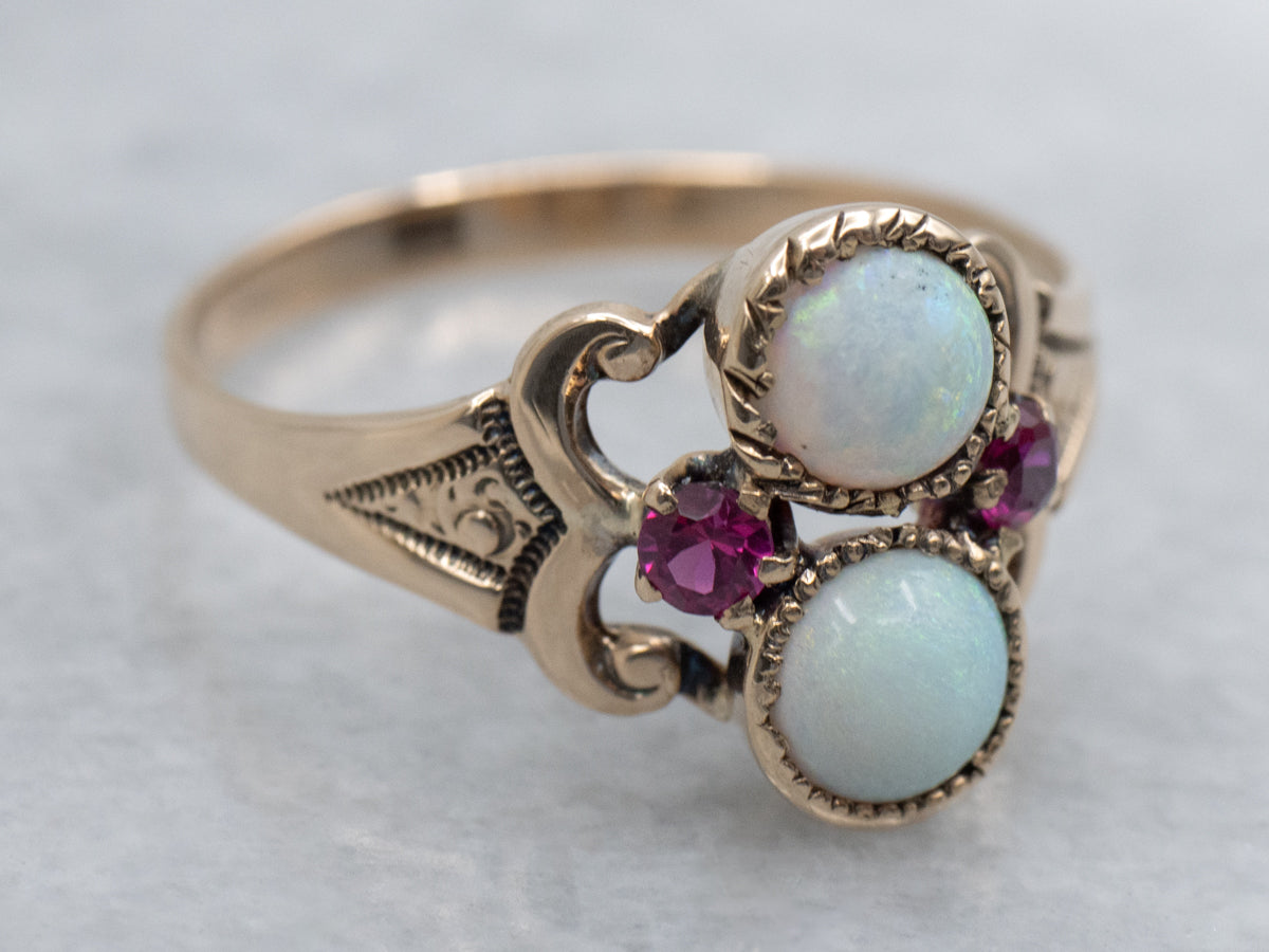 Double Opal and Synthetic Ruby Antique Gold Ring