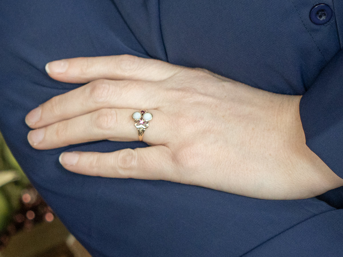 Double Opal and Synthetic Ruby Antique Gold Ring