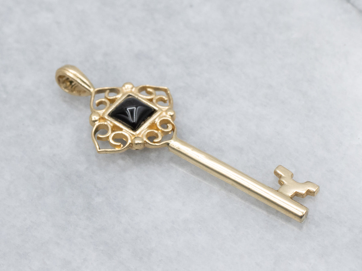 Black Onyx and Gold Filigree Skeleton Key Pendant