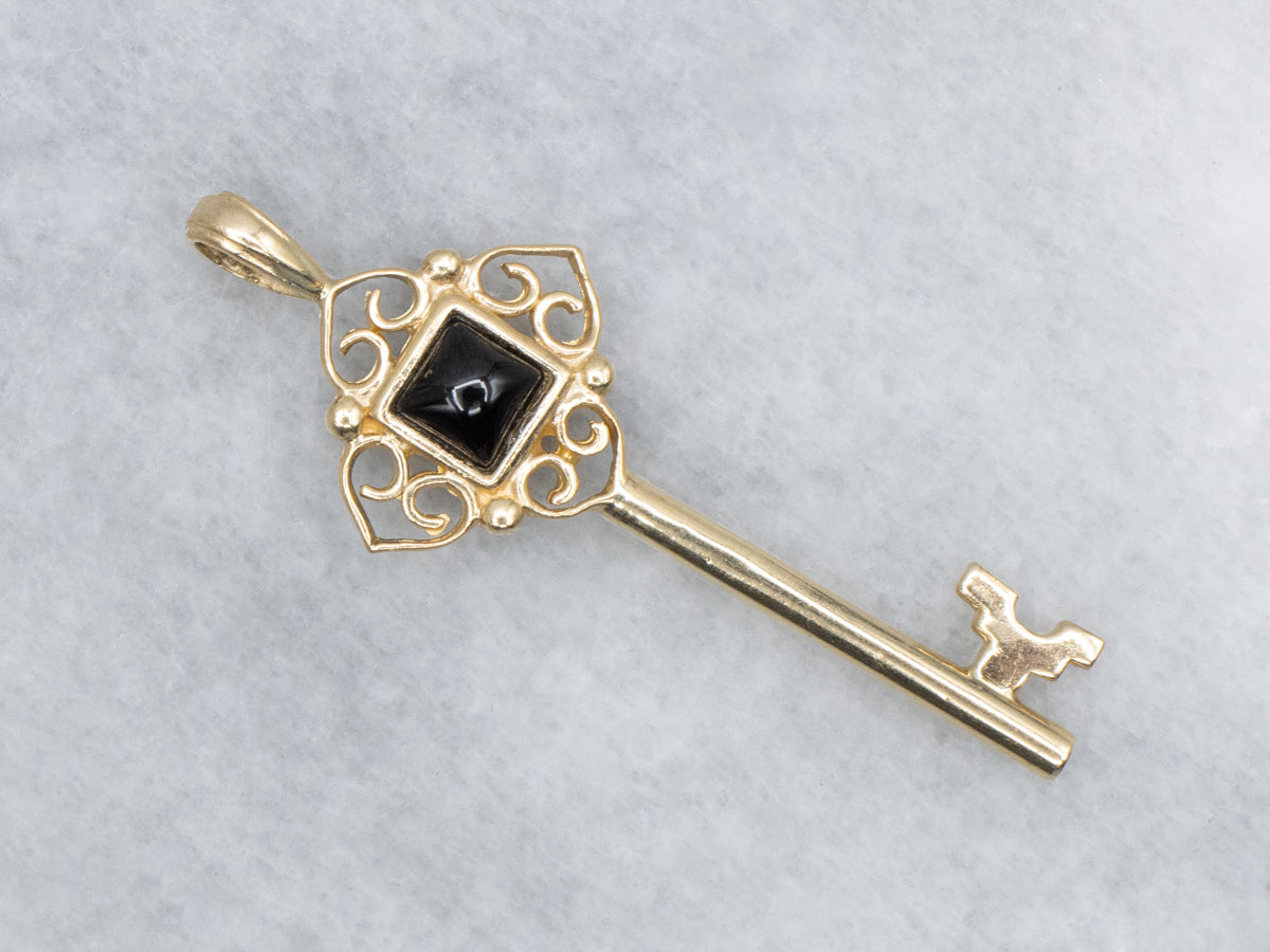 Black Onyx and Gold Filigree Skeleton Key Pendant