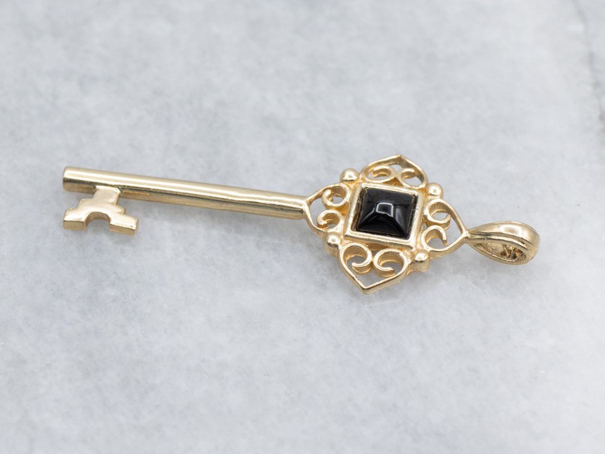 Black Onyx and Gold Filigree Skeleton Key Pendant