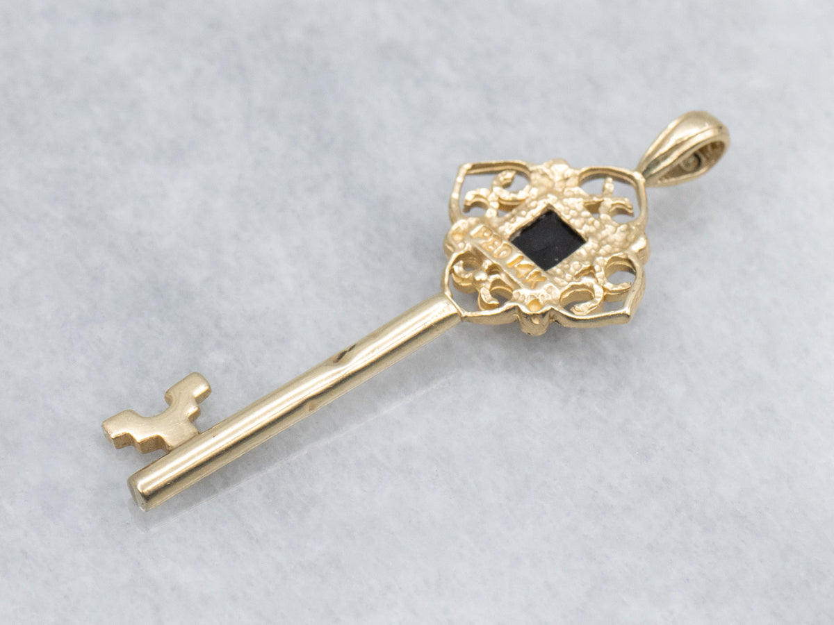 Black Onyx and Gold Filigree Skeleton Key Pendant