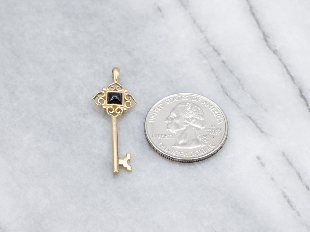 Black Onyx and Gold Filigree Skeleton Key Pendant