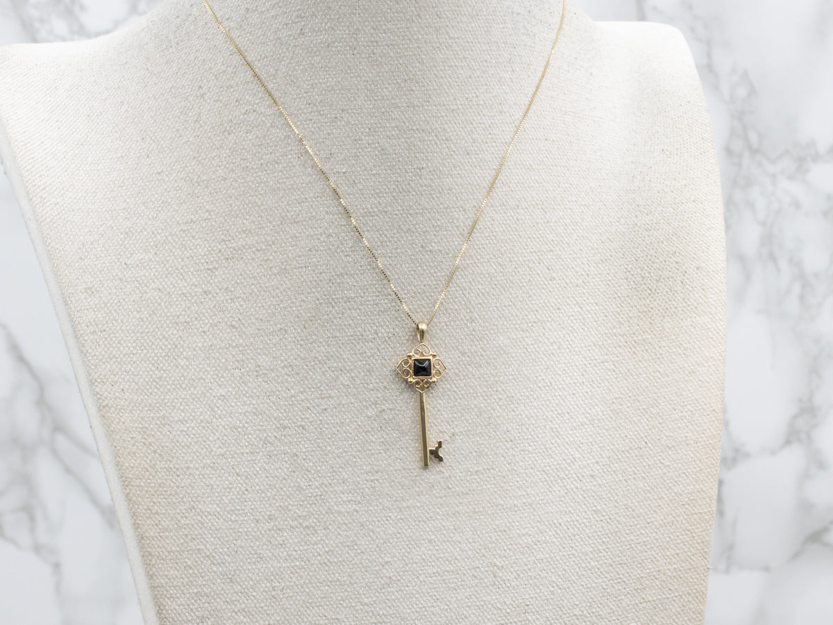 Black Onyx and Gold Filigree Skeleton Key Pendant