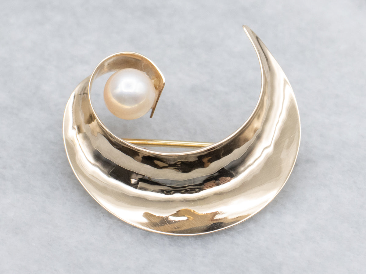 Saltwater Pearl Hand-Formed Yellow Gold Swirl Pin