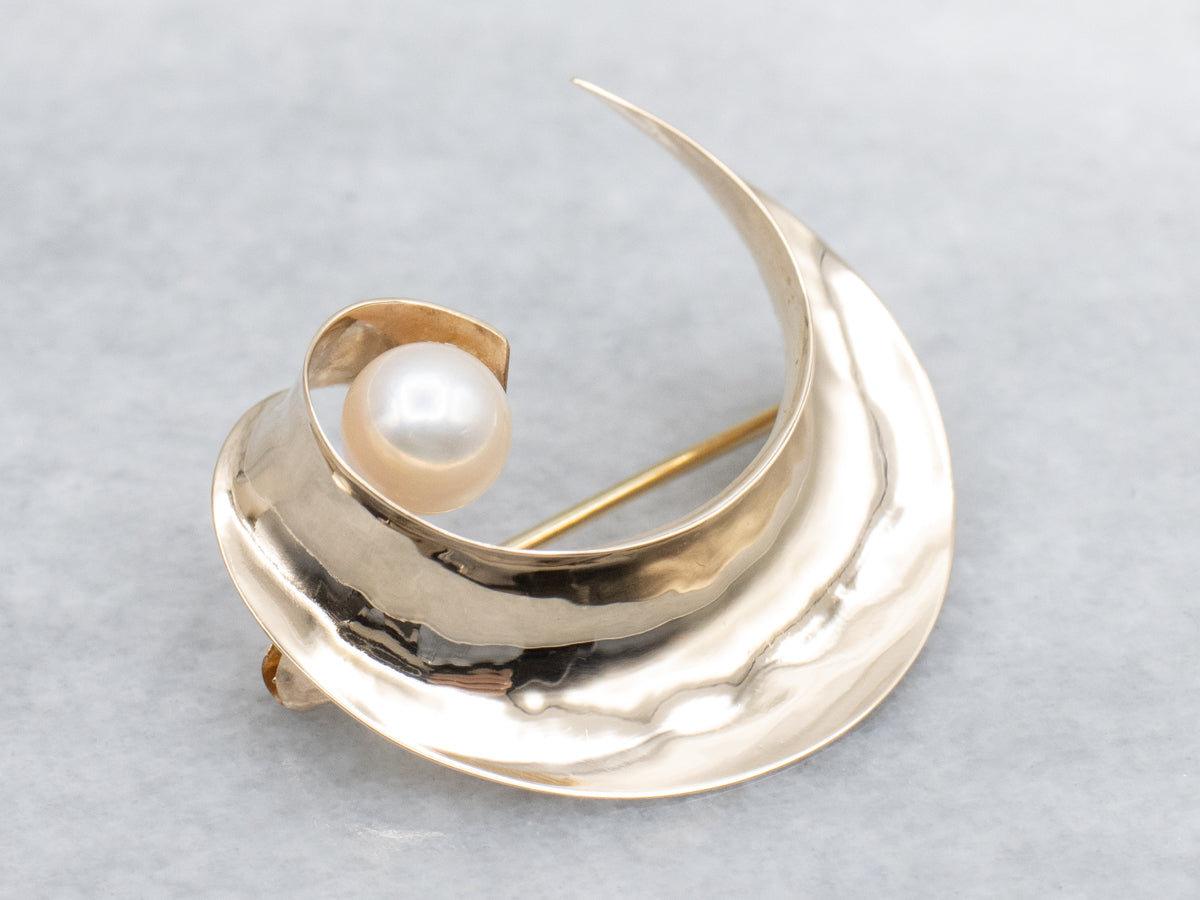 Saltwater Pearl Hand-Formed Yellow Gold Swirl Pin