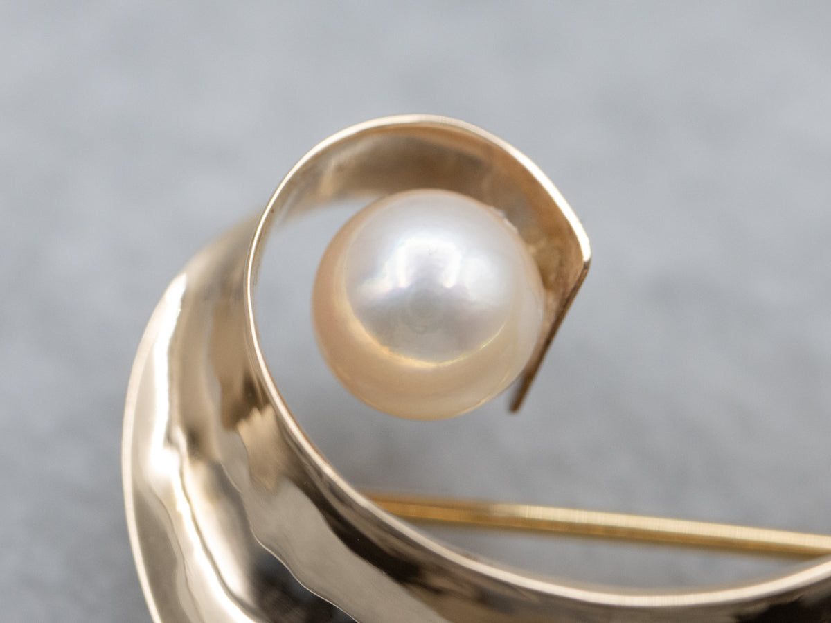 Saltwater Pearl Hand-Formed Yellow Gold Swirl Pin