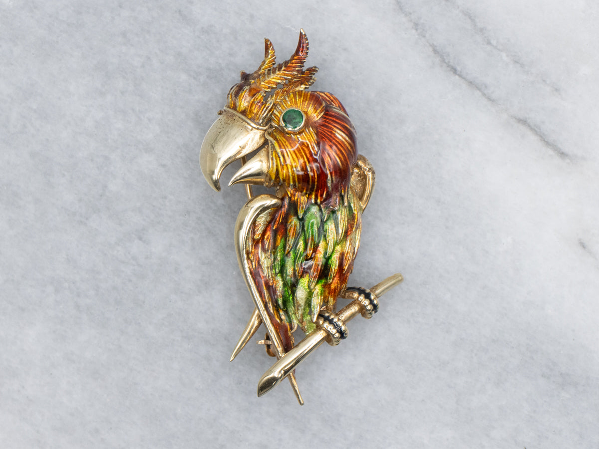 Vintage Gold Colorful Enamel Parrot Pin with Emerald Eye
