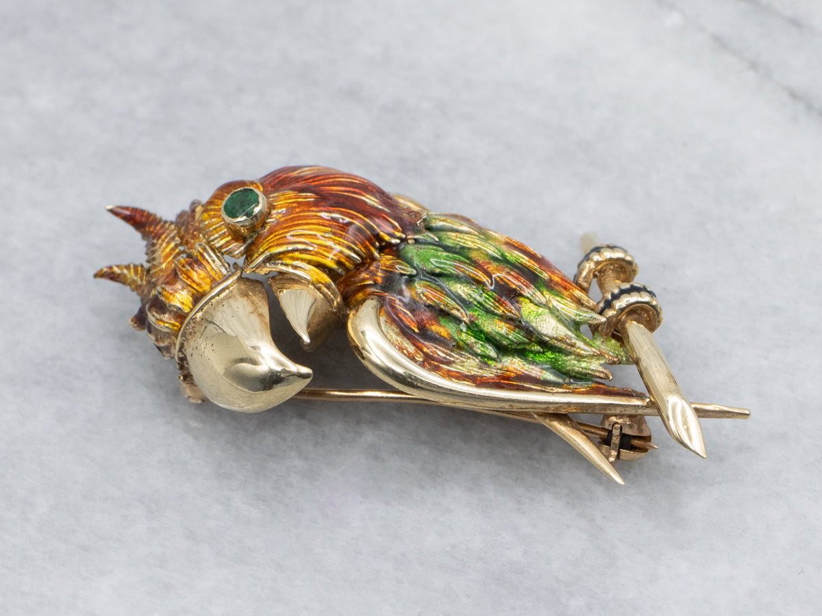 Vintage Gold Colorful Enamel Parrot Pin with Emerald Eye