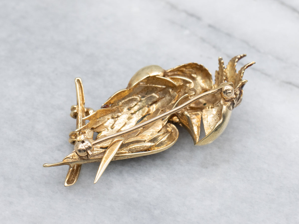 Vintage Gold Colorful Enamel Parrot Pin with Emerald Eye