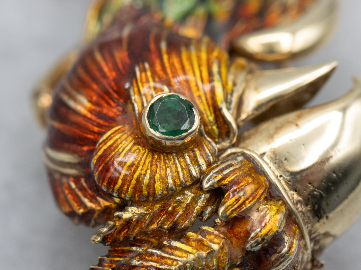 Vintage Gold Colorful Enamel Parrot Pin with Emerald Eye
