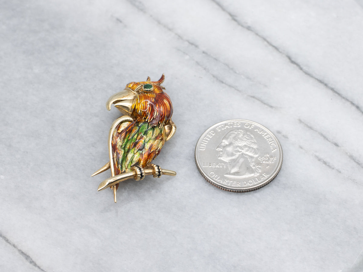 Vintage Gold Colorful Enamel Parrot Pin with Emerald Eye