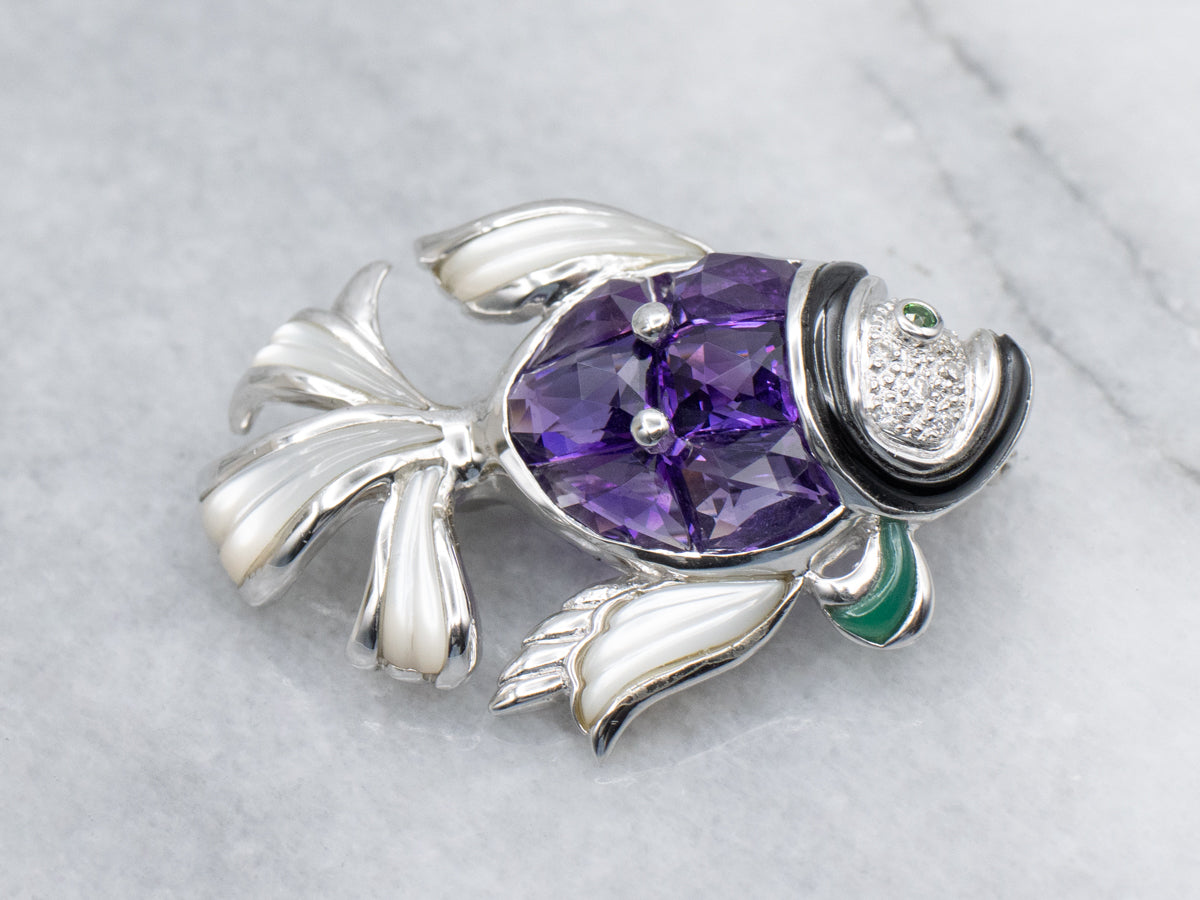Multi-Gemstone White Gold Fish Pin with Mother of Pearl