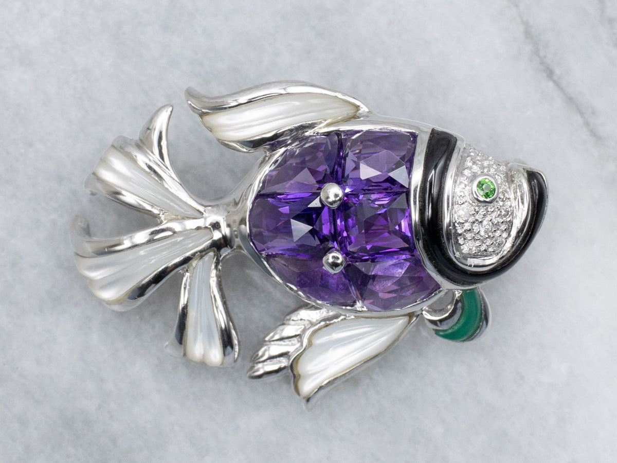 Multi-Gemstone White Gold Fish Pin with Mother of Pearl