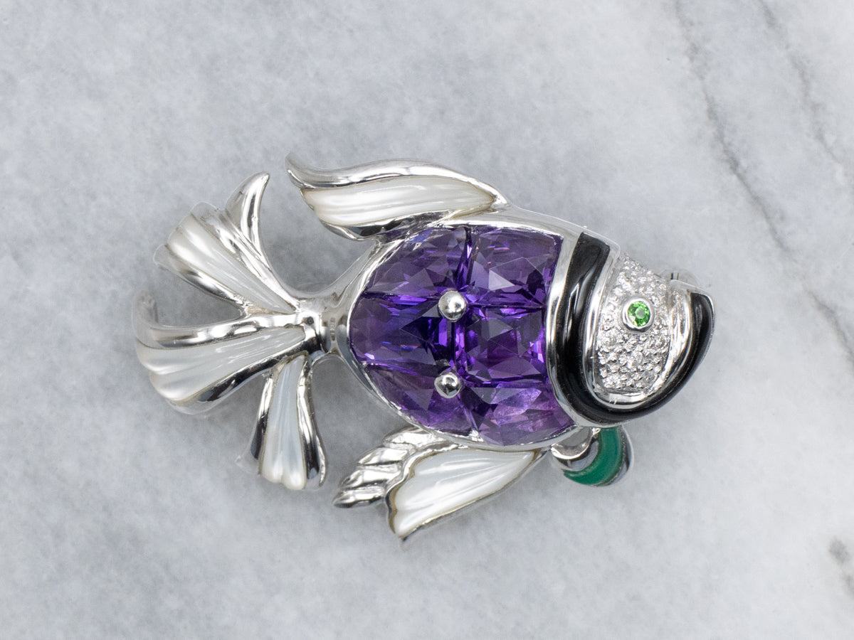 Multi-Gemstone White Gold Fish Pin with Mother of Pearl