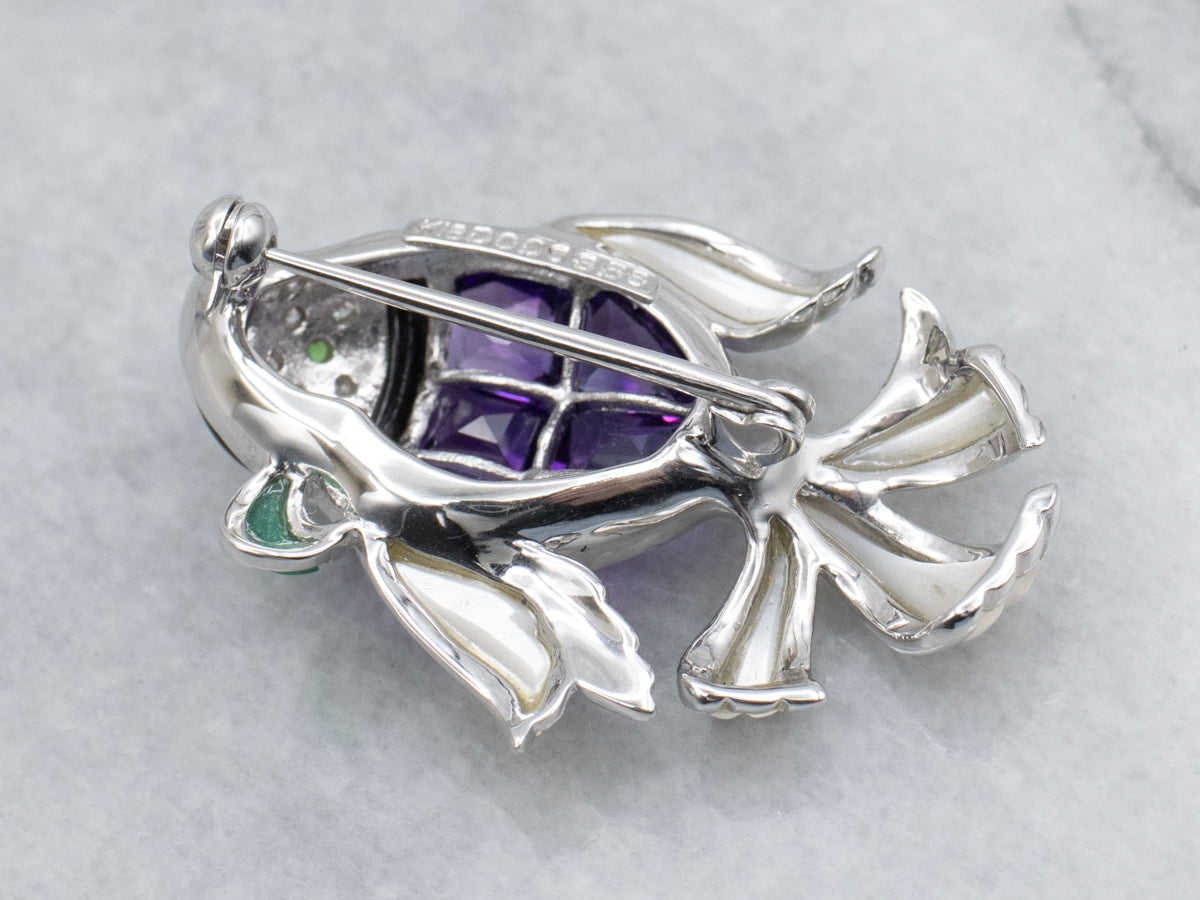 Multi-Gemstone White Gold Fish Pin with Mother of Pearl