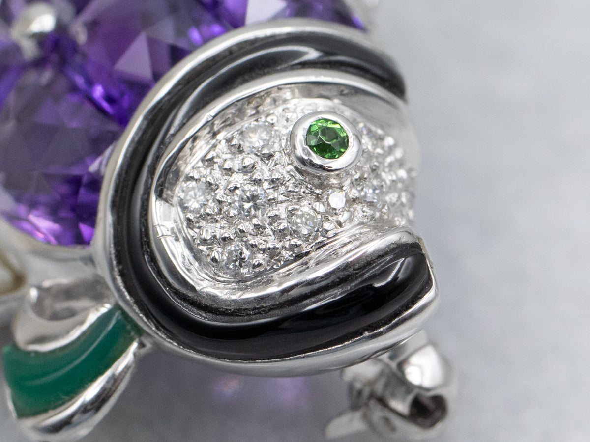 Multi-Gemstone White Gold Fish Pin with Mother of Pearl