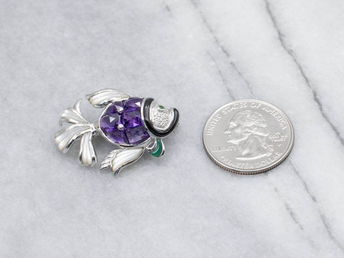 Multi-Gemstone White Gold Fish Pin with Mother of Pearl