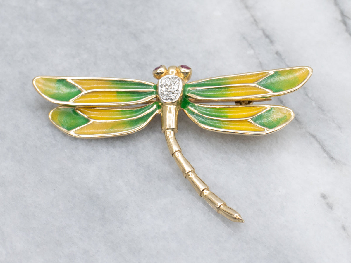 Diamond Two Tone Diamond Dragonfly Pin with Ruby Eyes