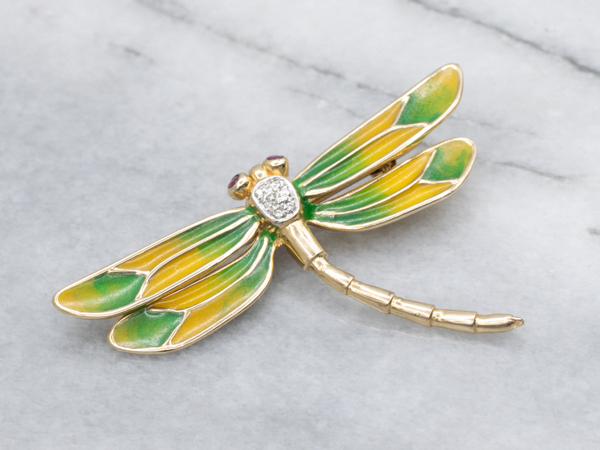 Diamond Two Tone Diamond Dragonfly Pin with Ruby Eyes