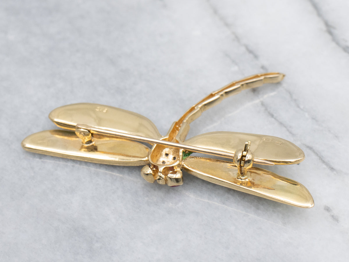 Diamond Two Tone Diamond Dragonfly Pin with Ruby Eyes