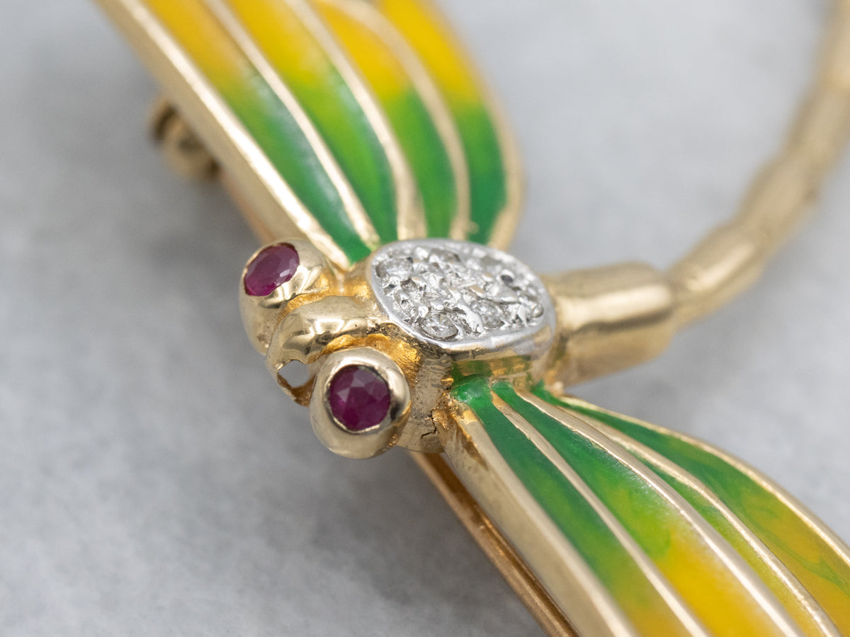 Diamond Two Tone Diamond Dragonfly Pin with Ruby Eyes