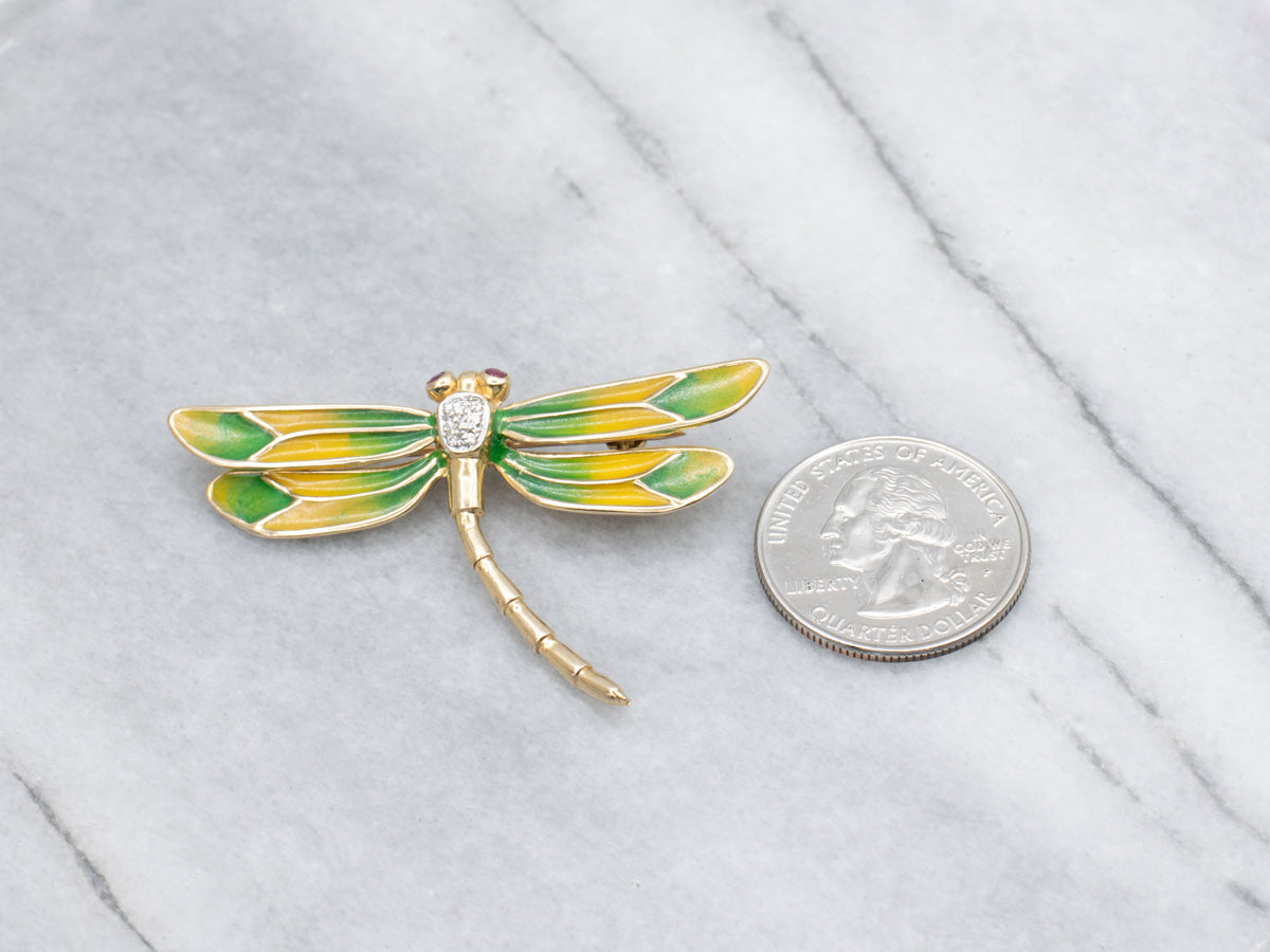 Diamond Two Tone Diamond Dragonfly Pin with Ruby Eyes