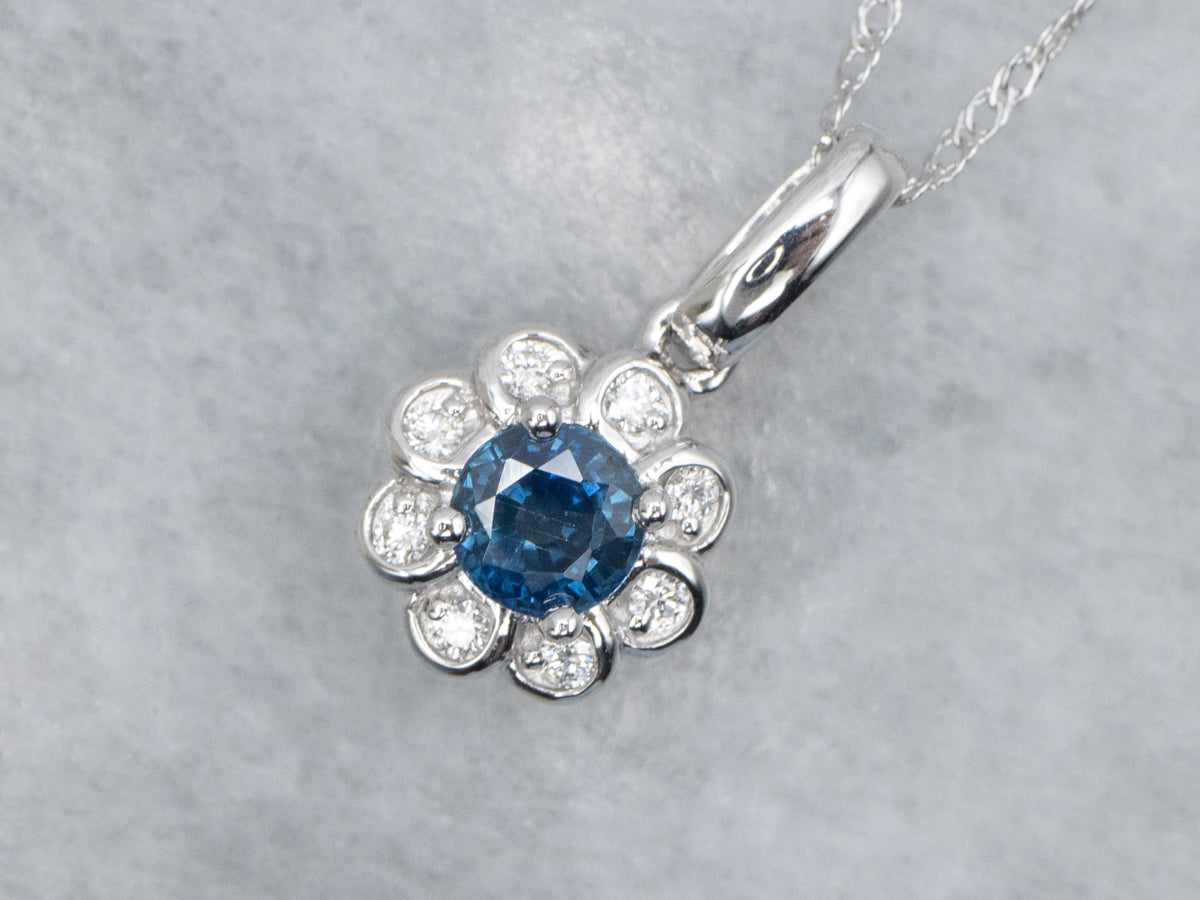 Modern Sapphire and Diamond Halo Floral Pendant Necklace