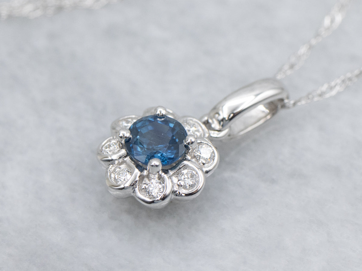 Modern Sapphire and Diamond Halo Floral Pendant Necklace