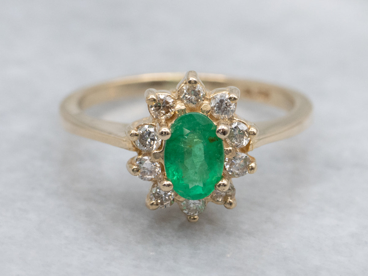 Classic Emerald and Diamond Halo Ring