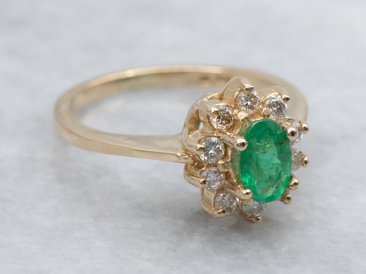 Classic Emerald and Diamond Halo Ring