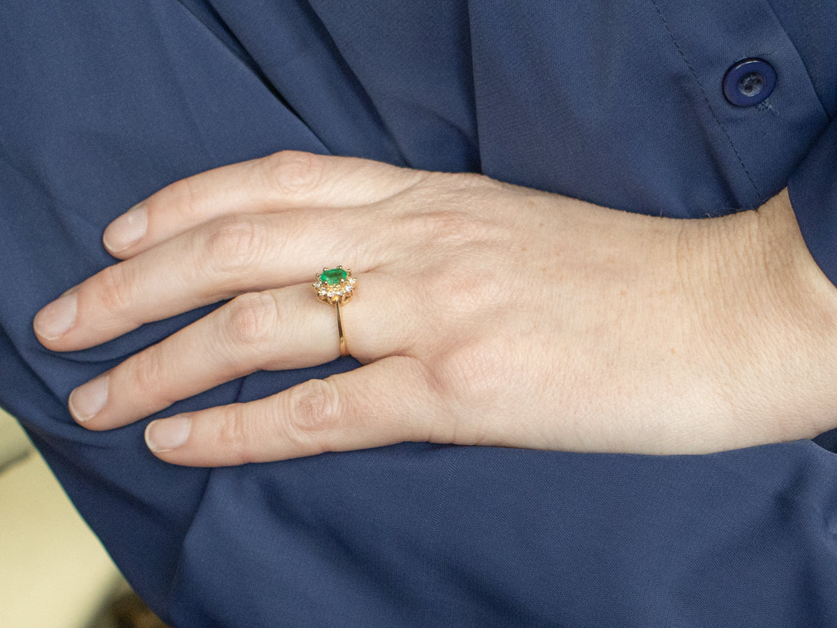 Classic Emerald and Diamond Halo Ring
