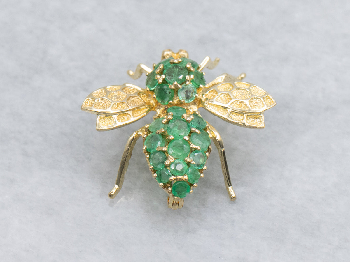 Emerald and Yellow Gold Textured Bumble-Bee Pin