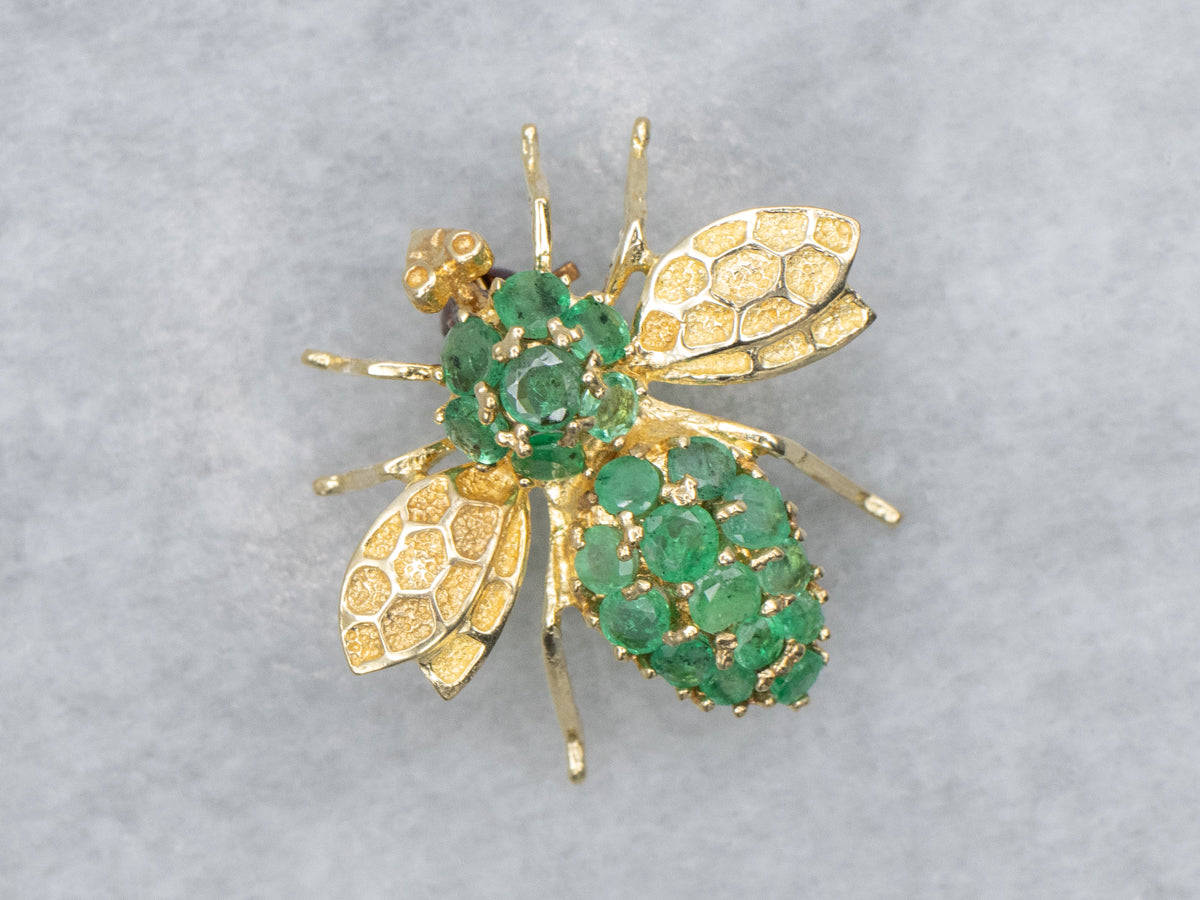 Emerald and Yellow Gold Textured Bumble-Bee Pin