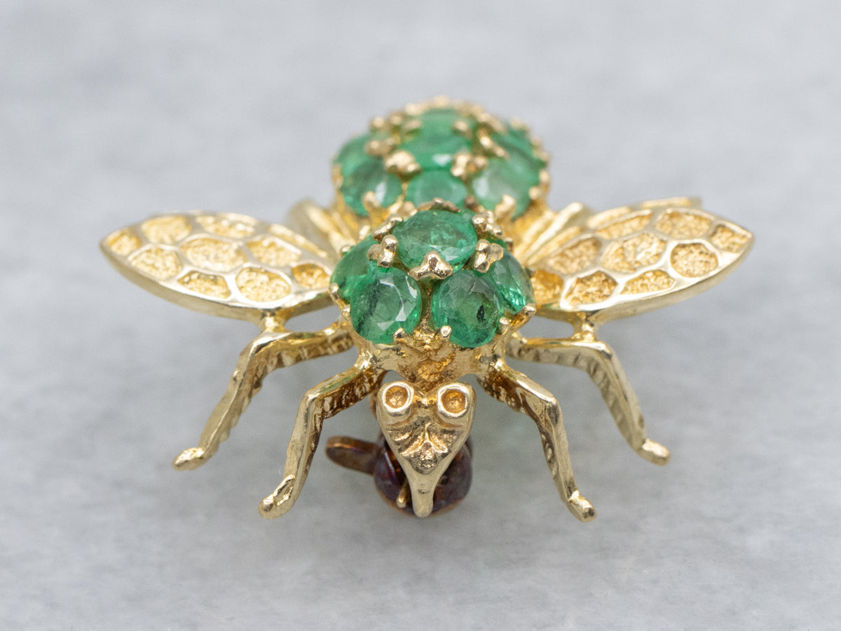 Emerald and Yellow Gold Textured Bumble-Bee Pin