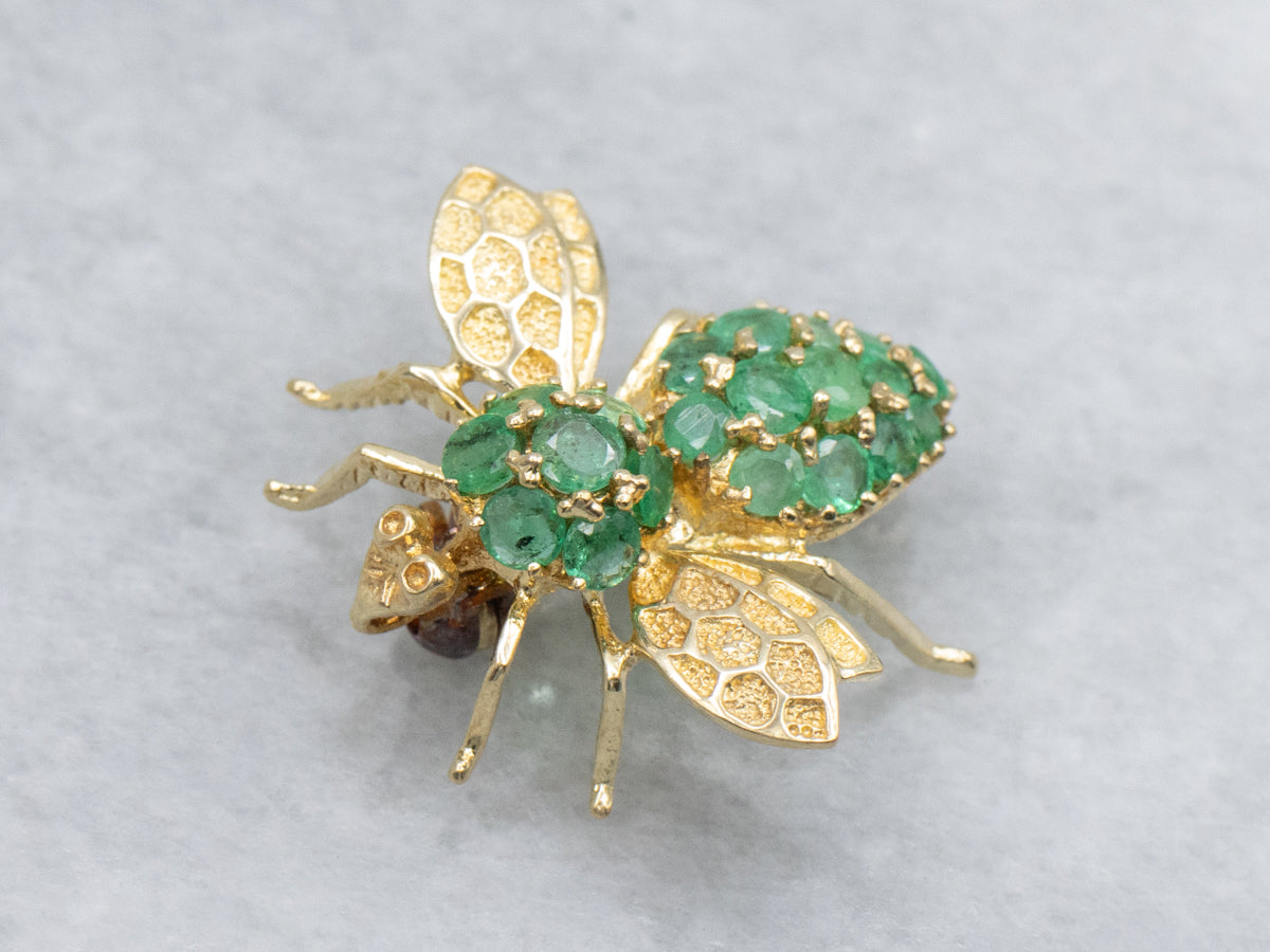Emerald and Yellow Gold Textured Bumble-Bee Pin