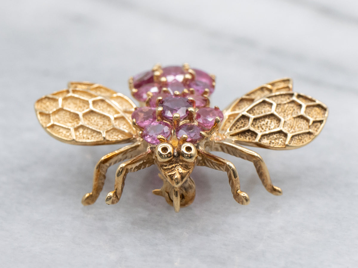 Ruby Cluster Yellow Gold Honeycomb Bumble-Bee Pin or Pendant