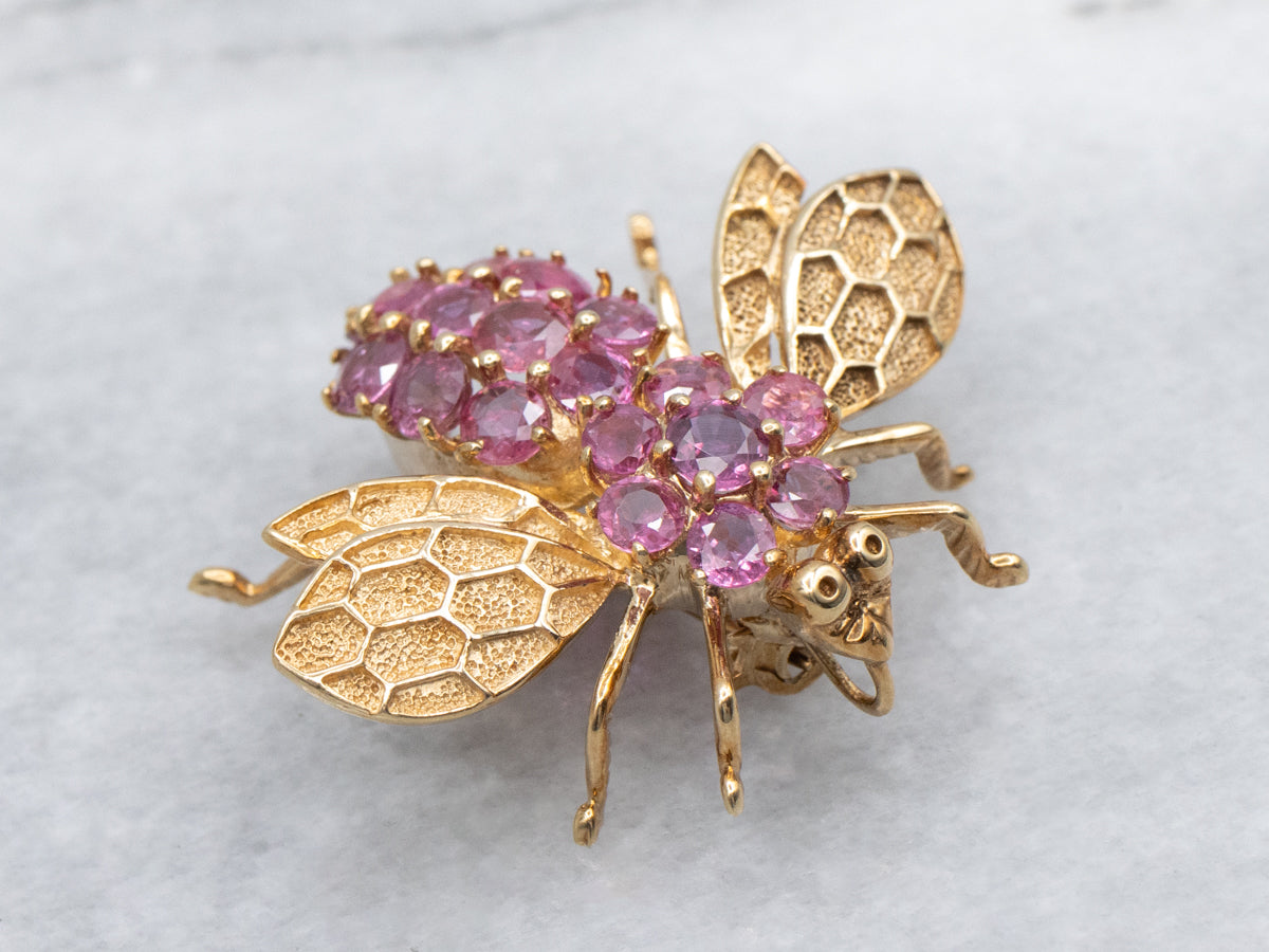 Ruby Cluster Yellow Gold Honeycomb Bumble-Bee Pin or Pendant