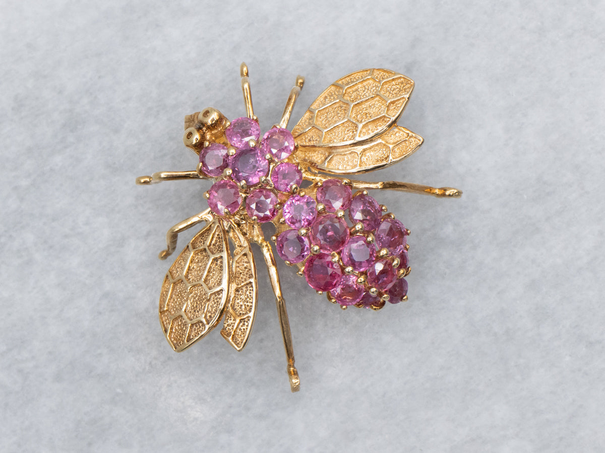 Ruby Cluster Yellow Gold Honeycomb Bumble-Bee Pin or Pendant