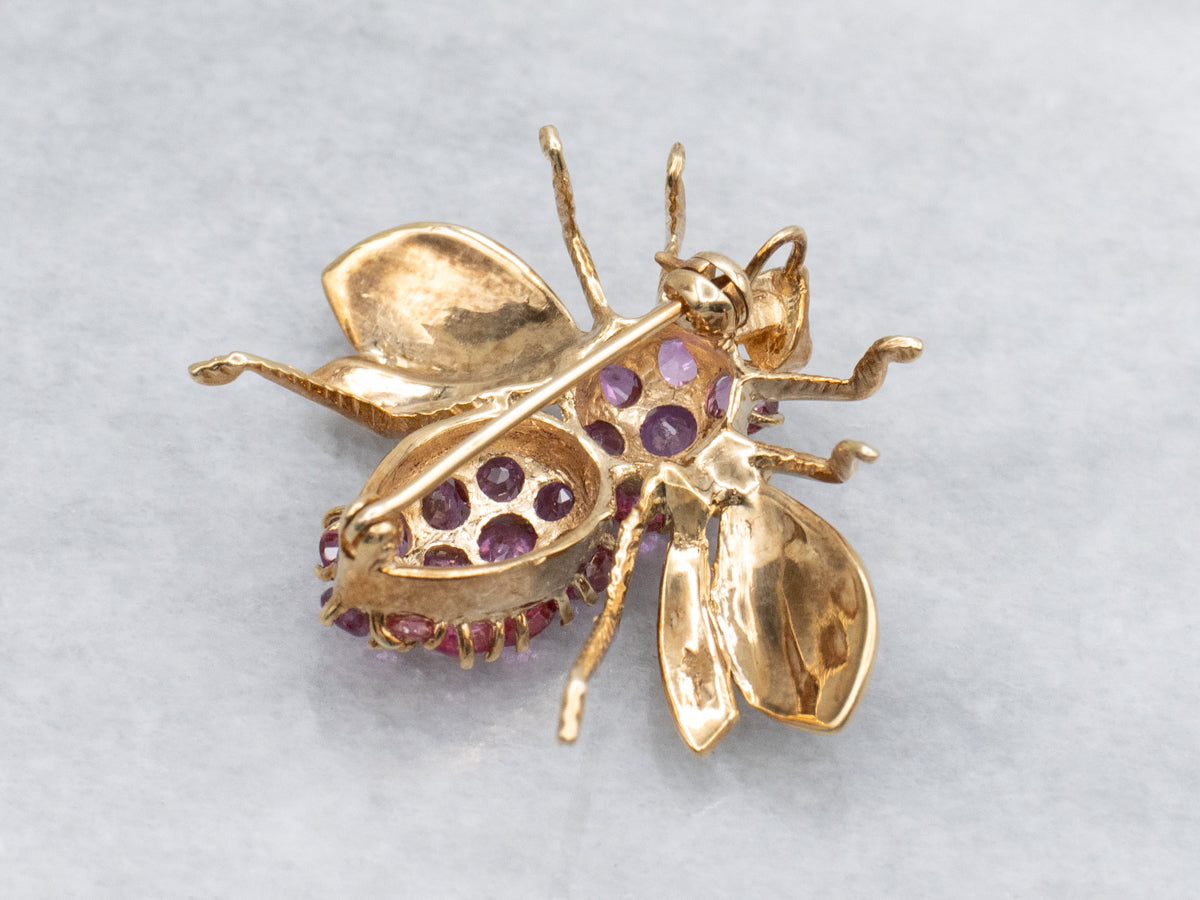 Ruby Cluster Yellow Gold Honeycomb Bumble-Bee Pin or Pendant
