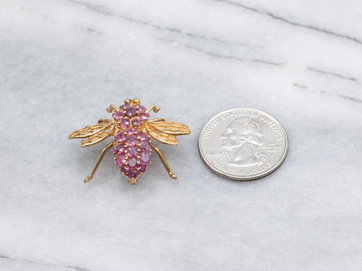Ruby Cluster Yellow Gold Honeycomb Bumble-Bee Pin or Pendant